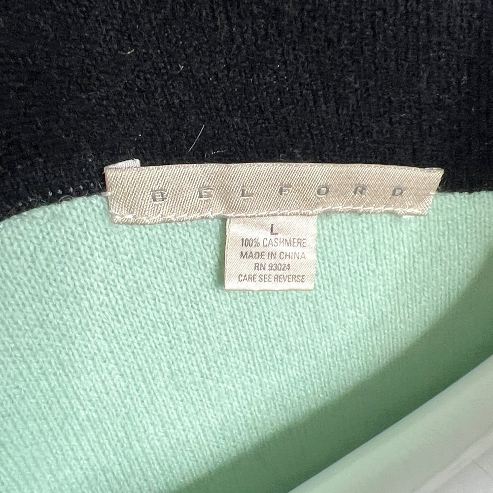 Belford Sz L 100% Cashmere Front Button Cardigan Sweater Jacket Black Teal - Picture 7 of 7